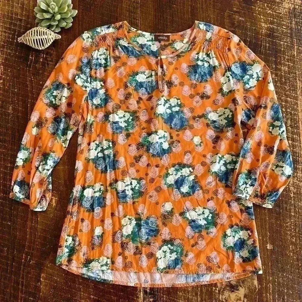 Crosby. | Orange & Blue Floral Print Blouse
